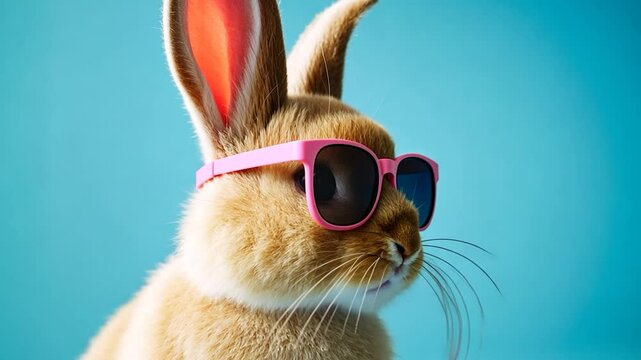 Rabbit with sunglasses animal portrait on light blue background pet concept
