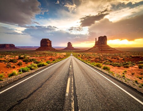 A long, straight highway vanishes into a dramatic sunset, framed by iconic red rock formations - Powered by Adobe