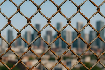 Photo of Rusty wire fence with blurred city buildings in the background