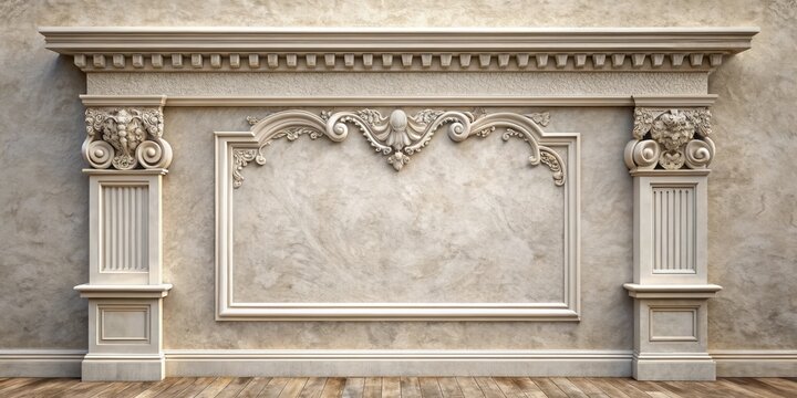 Whitewashed stucco render wall with decorative plaster molding and ornate details in a rustic exterior setting, stucco render, whitewash