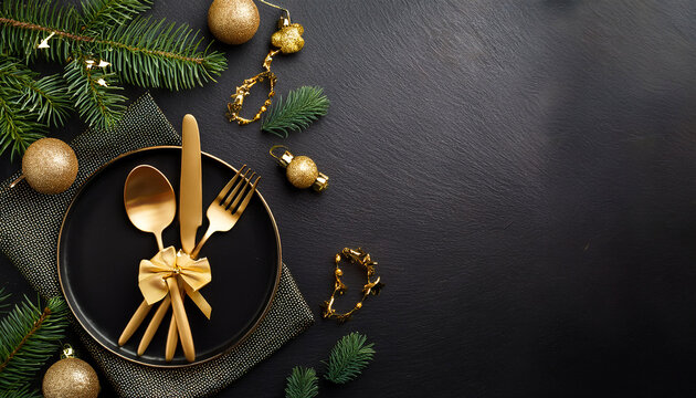 christmas or new year table setting with golden cutlery on black stone table card or menu template copy space flat lay