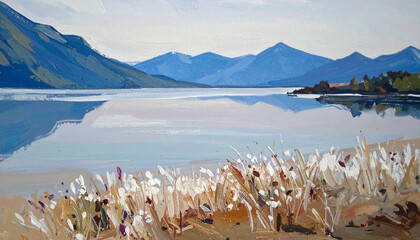 Fototapeta premium Textured oil painting illustration of a tranquil lake surrounded by mountains and wildflowers during a clear day
