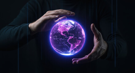 Global Technology Innovation: One man's hands hover around a glowing digital earth, symbolizing technological progress and global connectivity.