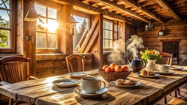 Warm sunlight pours through rustic wooden beams in a cozy farm hostel dining area as fresh eggs and steaming hot coffee fill the table , linens, wooden
