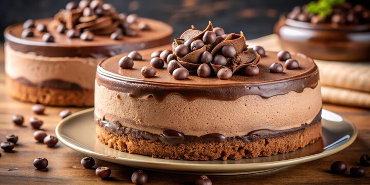 Cake, chocolate mousse cake with chocolate chips, close-up, sweet treats, rich flavor