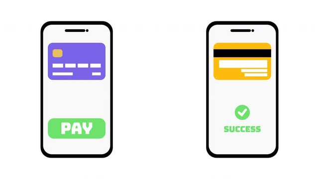 2D Animation of Mobile Payment Transfer with ATM Cards, Dollar Coins, and Success Notification isolated white background