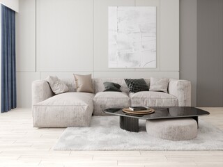 Mock up of a spacious stylish living room with a large comfortable sofa and a light decorative background, 3D rendering.