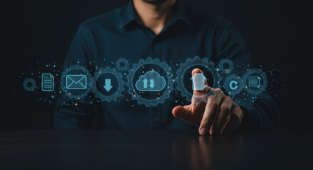 Digital Transformation: A man interacts with a digital interface featuring cloud storage, downloads, emails, and file management icons for seamless connectivity.