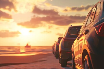 A serene sunset view of parked rental cars on a beach, suggesting a getaway.