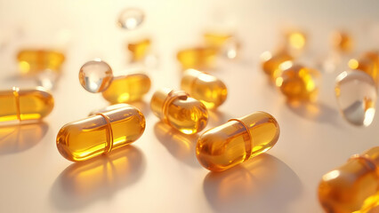 Nutritional Capsules: Golden Filling with Floating Serum Droplets
