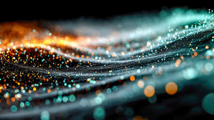 Dynamic stream of glowing abstract particles flowing over a dark surface in an energetic motion blur effect