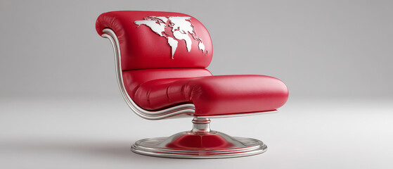 Modern red chair with metallic base, featuring world map design on backrest, stylish and contemporary, perfect for office or living room decor, evoking global inspiration