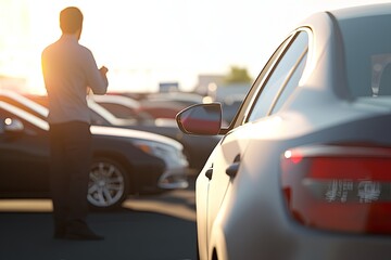 An adult inspects various rental cars on a dealership lot, assessing features and options. The sunlight brightens the setting, creating excitement.