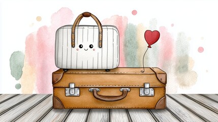 Two cute suitcases, a small white one sitting on top of a larger brown one, with a heart shaped balloon attached, evoke feelings of love and travel, perfect for valentine's day adventures