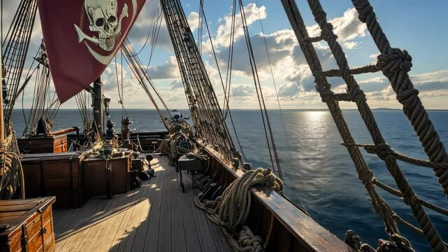 Pirate ship sailing on ocean featuring pirate flag, deck, ropes, and open water.