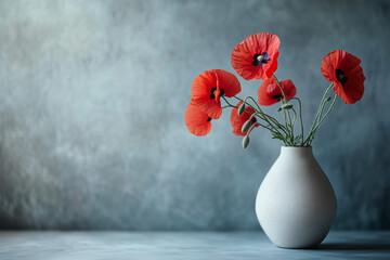 Closeup of cozy vase with poppy flowers, spring vibes