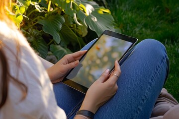 A person browsing various rental options on their tablet while relaxing outdoors.