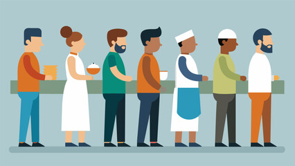 A line of hungry locals patiently waiting for their turn to order and enjoy the freshly made acaraj .. Vector illustration
