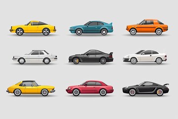 A vector design of various car icons showcasing different models available for rent. The bold colors and simplified forms attract attention, making it easy for clients to