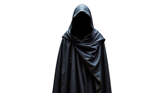 Mysterious Figure in a Black Cloak with Hidden Face Perfect for Fantasy Themes and Mysterious Concepts
