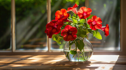 A stunning bouquet of red petunias in a clear vase on an oak table, illuminated by sunlight streaming through a window, creating beautiful shadows and highlights.