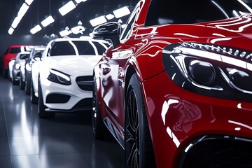 A sophisticated car showroom displays various models available for rent with bright lighting.