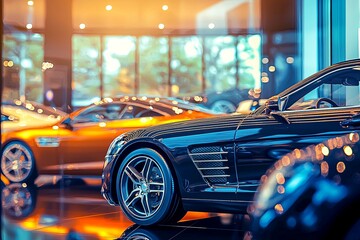A sophisticated car showroom displays various models available for rent with bright lighting.