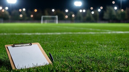 Clipboard on grass field with soccer goal and stadium lights at night - Powered by Adobe