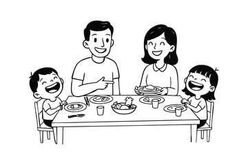 Happy Family Dinner Black and White Outline Illustration