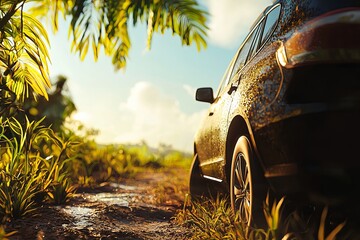 An auto insurance policy is reviewed as a person selects the perfect rental car for an upcoming adventure, surrounded by nature.
