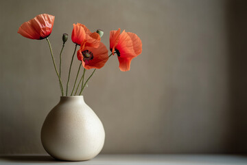 Closeup of cozy vase with poppy flowers, spring vibes