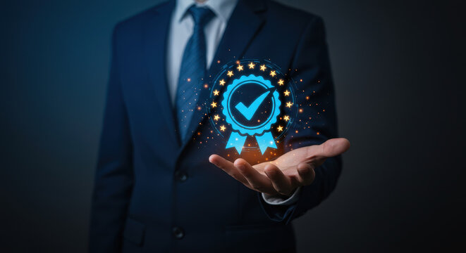 Businessman presents a verified guarantee of quality, illustrated with a luminous checkmark and a ring of stars, embodying reliability.