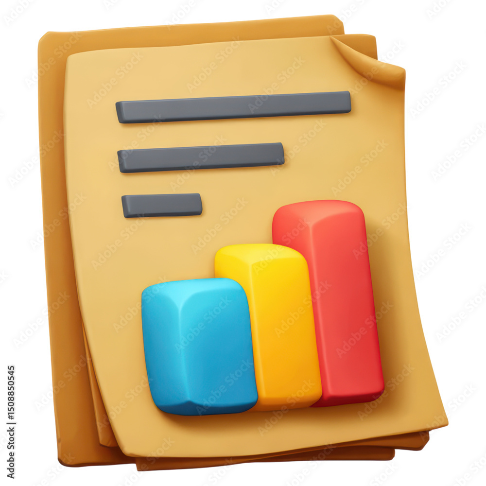 Poster colorful bar graphs on report paper for data visualization concepts, isolated on transparent backgro
