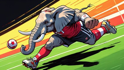 
Muscular anthropomorphic elephant, clad in a red and black soccer uniform, powerfully kicks a soccer ball on a green field with dynamic speed lines, in a vibrant comic art style.