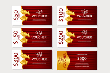 A set of six gift vouchers with a red background, gold bows, and denominations of $50, $100, $150, $200, $300, and $500. Suitable for gift and promotion themes.