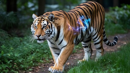 Obraz premium Majestic Tiger Walking with Electric Aura in Lush Forest Symbolizing Power Energy and the Untamed Beauty of Wildlife in its Natural Habitat
