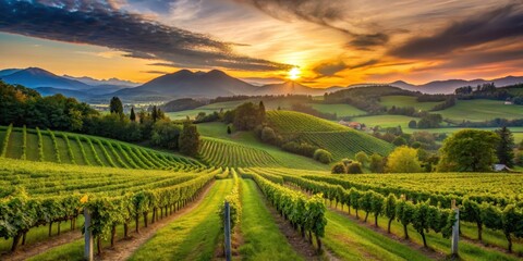 Fototapeta premium A serene vineyard at dusk with rolling hills and lush greenery, as the sun sets behind a distant mountain range in a picturesque rural landscape , grapevines, nature