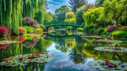 Fototapeta premium Serene water garden with lush green bridges and vibrant water lilies at Giverny, reflecting a peaceful atmosphere in full bloom , outdoor space, serene landscape