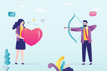 Handsome man holding bow and arrow ready to shoot. Beauty woman hands holding heart shape. Archery, love and romance. Dating, Valentine day. Love couple.