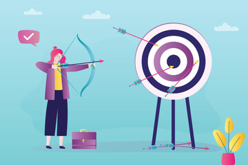Confident businesswoman aiming target with bow and arrow archery to the target board. Business target and achievement concept. Archery, target, risk management.