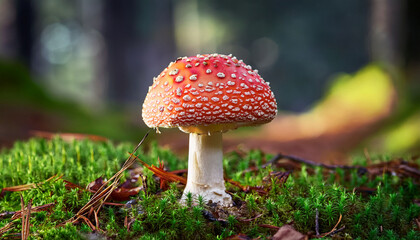 fly agaric in a forest closeup photo