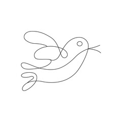 Peaceful flying dove bird continuous line drawing on white background