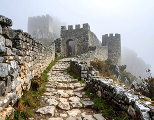 Ancient stone fortress path in mist (1)