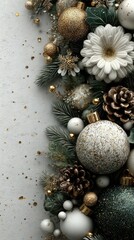 Decorative holiday arrangement featuring gold and white ornaments with pine and flowers on a textured background