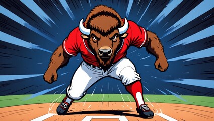 Muscular anthropomorphic bison in athletic attire charges forward with an intense expression, exuding power and determination against a vibrant, dynamic comic book-style background.