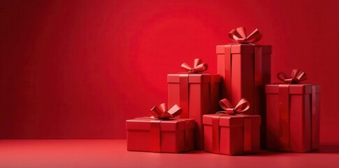 Pile of red presents, deep red background, festive scene , wrapping, still life, bow