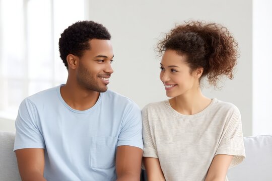 Smiling young african couple relaxing together on a sofa at home