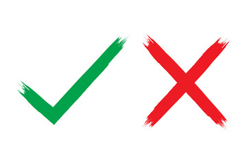 Set of green check mark and red cross drawn with brush.Grunge texture of yes and no elements.Vector.
