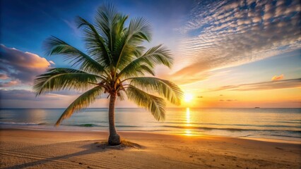 A palm tree stands alone on a sandy beach at sunrise with the warm golden light of dawn illuminating the scene and the sea in the distance is calm and peaceful, sunrise, beach