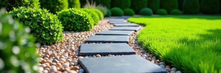 Neat slate pathways meander through a gravel garden bed, edged onto a manicured lawn , summer, landscape